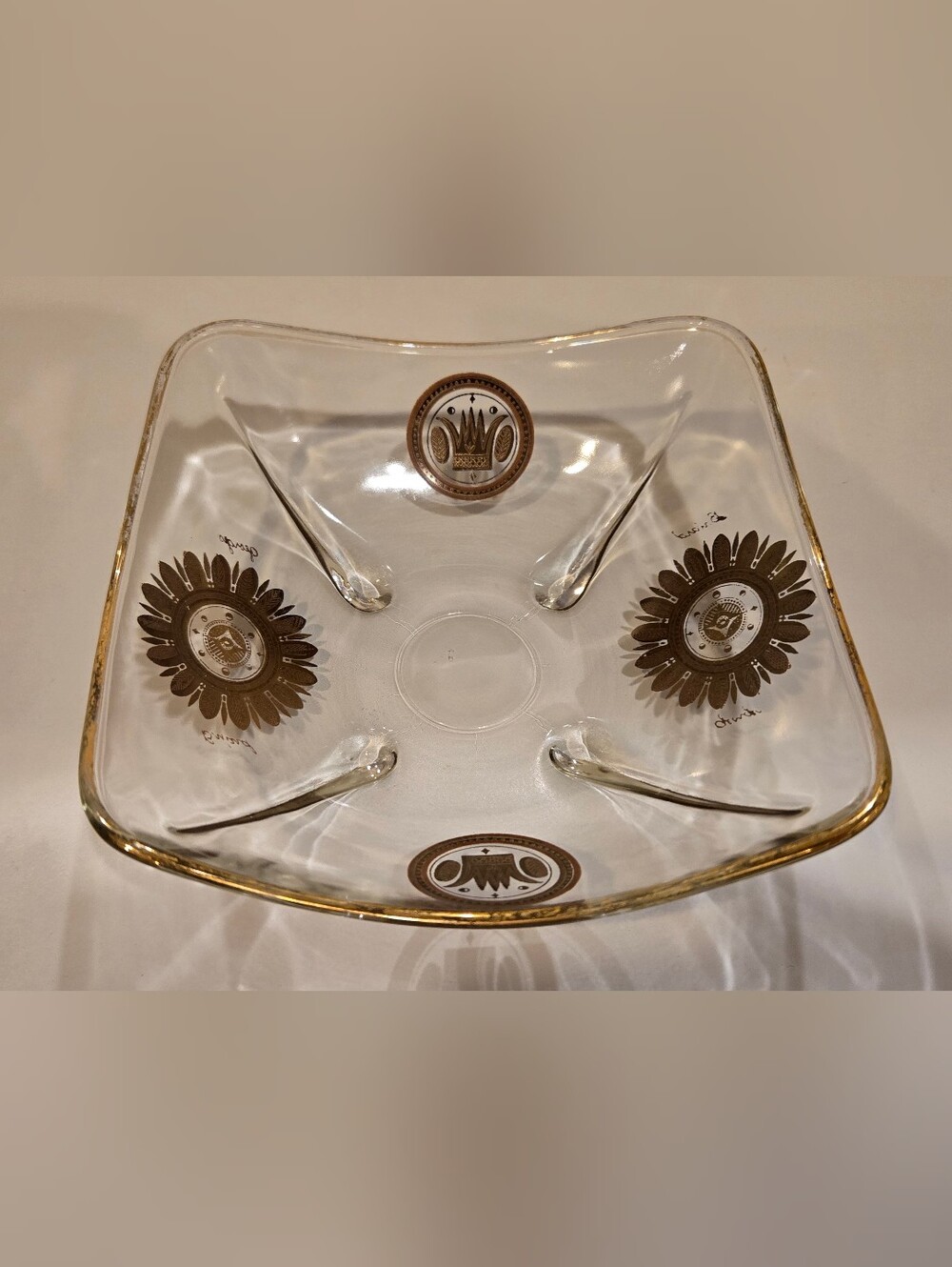 MCM George Briard Regalia Crown Square Bowl With 24k Gold Floral And Regal Pat.